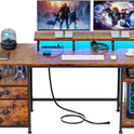 Furologee 61" Computer Desk with Power Outlet & LED Lights, Reversible Gaming Desk with File Cabinet & Monitor Stand for Home Office, Writing Study Table with Storage Shelves and Drawer, Rustic Brown