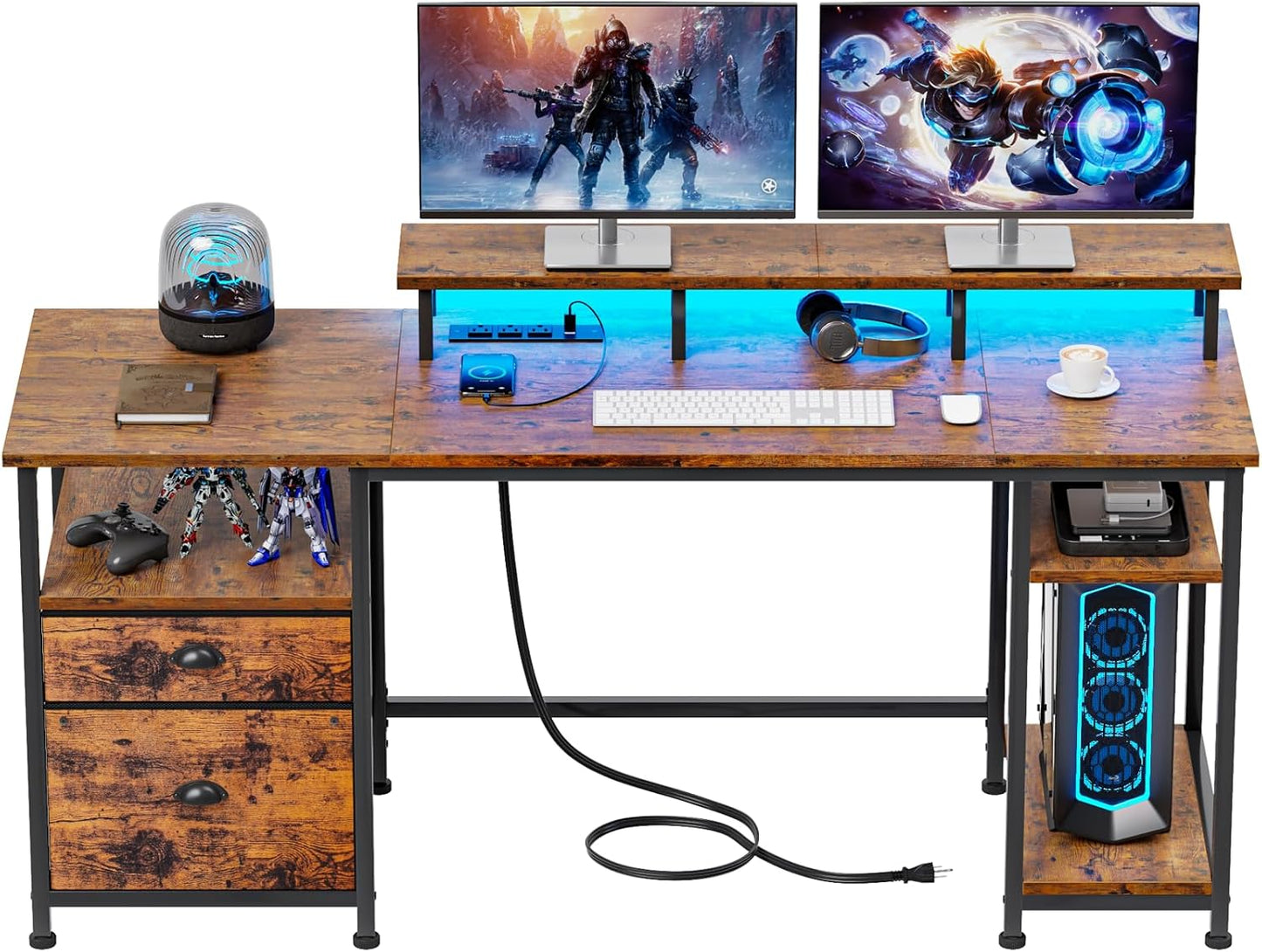 Furologee 61" Computer Desk with Power Outlet & LED Lights, Reversible Gaming Desk with File Cabinet & Monitor Stand for Home Office, Writing Study Table with Storage Shelves and Drawer, Rustic Brown