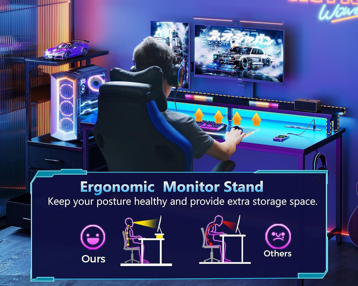 AODK 59 Inch Gaming Desk with USB Charging Ports & LED Light- Reversible Computer Desk with Storage Shelves & Monitor Stand, Modern Gamer Desk Table with Fabric Drawers & Side Hook, Carbon Fiber Black