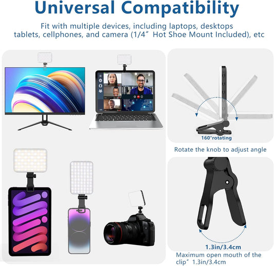 ALTSON 60 LED Portable Selfie Light Video Conference Lighting with Clip & Camera Tripod Adapter Rechargeable 2200mAh CRI 97+, 3 Light Modes for Phone iPhone Webcam Laptop Photo Makeup