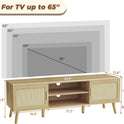 SUPERJARE Boho TV Stand for 65 Inch TV, Entertainment Center with Adjustable Shelf, Rattan TV Console with 2 Cabinets, Media Console, Solid Wood Feet, 4 Cord Holes, for Living Room - Natural, 8782T