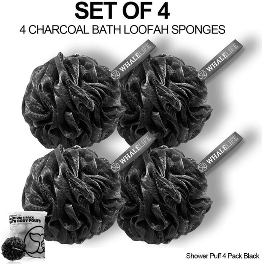 Shower Puff 4 Pack Black Bath Sponge Shower Loofahs Pouf Ball Nature Bamboo Charcoal Mesh Bulk Puffs Large, Shower Essential Skin Care by WhaleLife