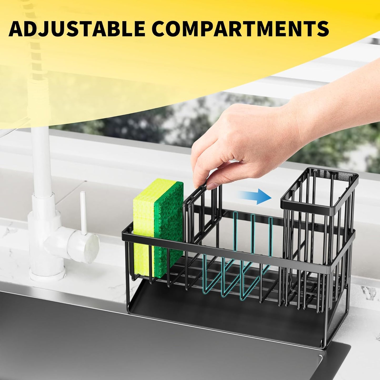 Cisily Kitchen Sink Caddy Organzier with High Brush Holder, Sponge Holder for Sink, 304 Rustproof Stainless, Kitchen Countertop Soap Dispenser Organizer, Kitchen Decor and Accessories