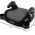 Black Graco car seat booster with dimensions on a white background