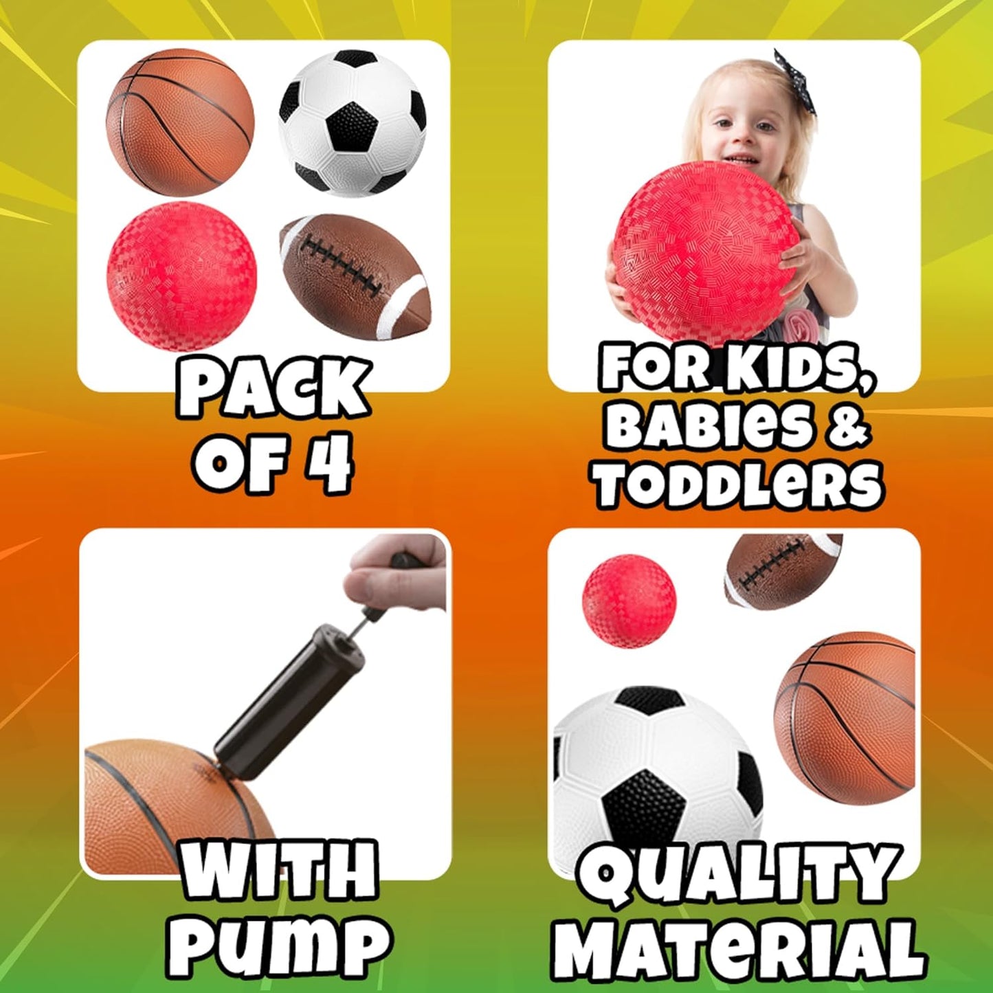 Bedwina Sports Balls for Kids & Toddlers - 5-inch Sports Balls Set Includes Football, Small Soccer Ball, Basketball, and Playground Balls, Fun Indoors & Outdoor Toys (Hand Pump Included)