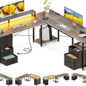 AODK 66" L Shaped Desk, 113" Computer Desk with File Cabinet & 4 Fabric Drawers, Home Office Desk with Monitor Shelf & Power Outlet, Two Person Desk or Corner Desk, Gaming Table with LED Light, Grey