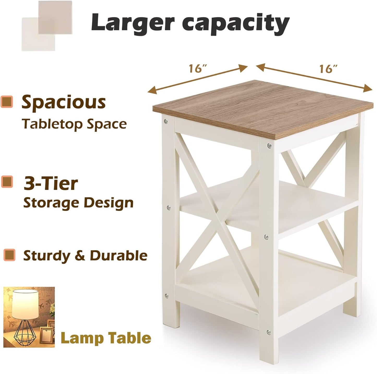 PHI VILLA End Table Living Room Set of 2, Farmhouse Bed Side Table Nightstands for Bedroom, Ivory White Small Side Table