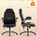 Office Desk Chair, Ergonomic Computer Chair with Padded Flip-Up Arms and Adjustable Lumbar Support, PU Leather Executive Chair with Tilt Lock and 360° Swivel Rolling Wheels for Work, Study