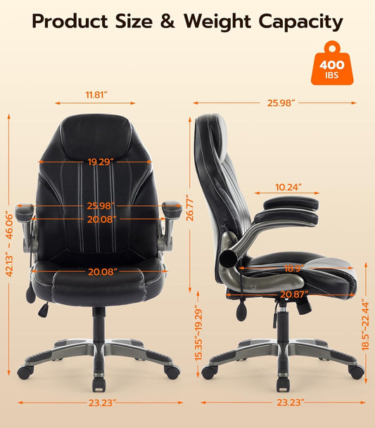 Office Desk Chair, Ergonomic Computer Chair with Padded Flip-Up Arms and Adjustable Lumbar Support, PU Leather Executive Chair with Tilt Lock and 360° Swivel Rolling Wheels for Work, Study