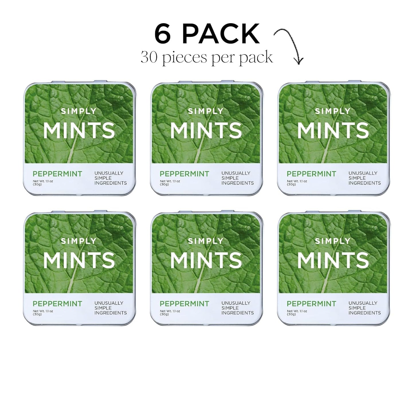 SIMPLY MINTS Natural Peppermint Breath Mints, 6 Pack (180 Pieces), Made With Real Peppermint Oil | Aspartame-Free, Sorbitol-Free, Xylitol-Free, Vegan, Kosher, Non-GMO