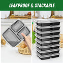 50 Pack (100-Piece) 32 oz Meal Prep Containers Reusable with Lids 3-Compartment, To Go Take Out Plastic Food Storage Containers, Sturdy Leakproof Food Safe, Microwave Freezer Dishwasher Safe, Black