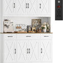 HOSTACK 71" Tall Kitchen Pantry Storage Cabinet with Charging Station, 55" Wide Kitchen Hutch Cabinet with Large Countertop, Farmhouse Food Pantry with Drawers for Living Room, White