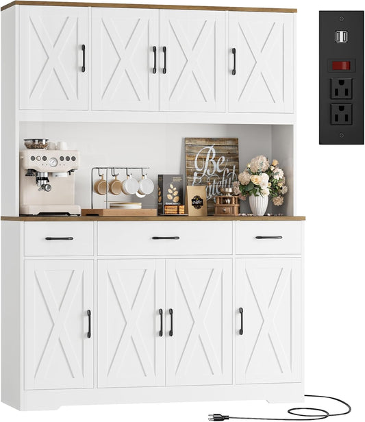 HOSTACK 71" Tall Kitchen Pantry Storage Cabinet with Charging Station, 55" Wide Kitchen Hutch Cabinet with Large Countertop, Farmhouse Food Pantry with Drawers for Living Room, White