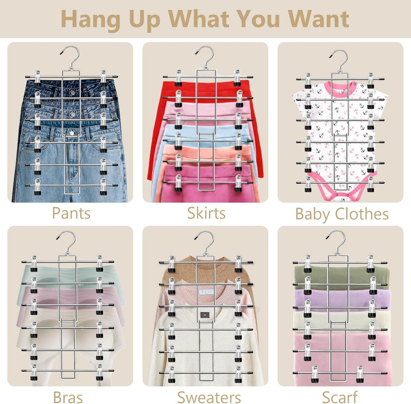 Pants Hangers with Clips,Space Saving Hanging Closet Organizer-6 Tiers Skirt Hangers with 360° Swivel Hook,Closet Organizer-Clothes Hangers- College Dorm Essentials Apartment Essentials-2 Pack