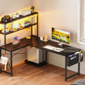 ODK 53 Inch L Shaped Desk with LED Lighting, Reversible Gaming Desk with Power Outlets, Cornor Computer Table with Storage Shelves & Bag & Iron Hook, Home Office Table for Writing, Study, Black
