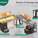 AODK 66" L Shaped Desk, 113" Computer Desk with File Cabinet & 4 Fabric Drawers, Home Office Desk with Monitor Shelf & Power Outlet, Two Person Desk or Corner Desk, Gaming Table with LED Light, Grey