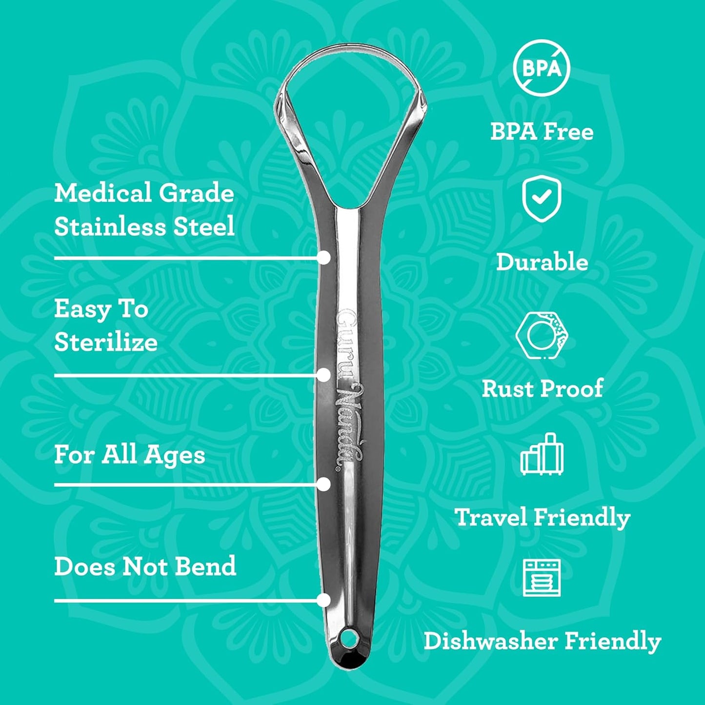 GuruNanda Tongue Scraper for Adults (2 Pack) with Travel Case, 420 Medical-Grade 100% Stainless Steel Tongue Cleaner, Aids in Fresh Breath & Oral Care