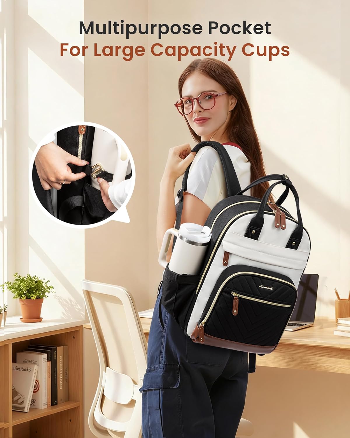 LOVEVOOK Backpack for Women, Fits 15.6 Inch Laptop Bag, School Backpacks, Fashion Travel Work Anti-theft Bag, Business Computer Waterproof College Backpack Purse, Beige-Black-Brown