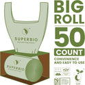 SUPERBIO 1.6 Gallon Handle Tie Compostable Food Scrap Bags For Counter Top Compost Bin, Small Compost Bags, 50 Count, 6 Liter, BPI & OK compost INDUSTRIAL Certified