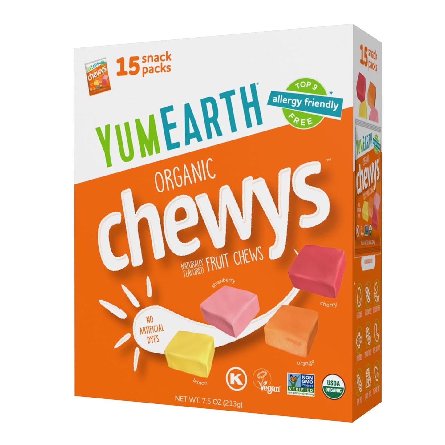YumEarth Organic Chewys Fruit Flavored Candy Chews - Allergy Friendly, Gluten Free, Non-GMO, Vegan, No Artificial Dyes - Assorted Flavors, 7.5 oz.