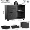 DUMOS Lateral File Cabinet with 3 Drawers Rolling Filing Cabinets Under Desk Storage Printer Stand Wood Organizer with Wheels Adjustable Shelf for Office Home Small Space, Black