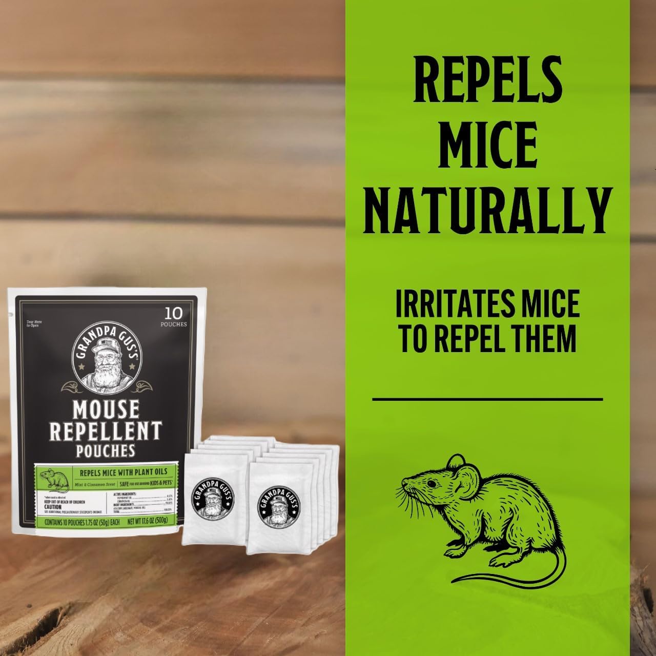 Grandpa Gus’s Extra-Strength Mouse Repellent Pouches, Peppermint & Cinnamon Oil, Natural Rodent Deterrent Control for Garage, RV, Car, Basement, Attic, Storage, 1.75 Oz (Pack of 10)