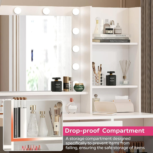 Vanity Desk with Mirror and Light, Large Drawer and Three Level Storage Dresser, 3 Lighting Modes Adjustable Brightness, Bedroom Dressing Table (White)