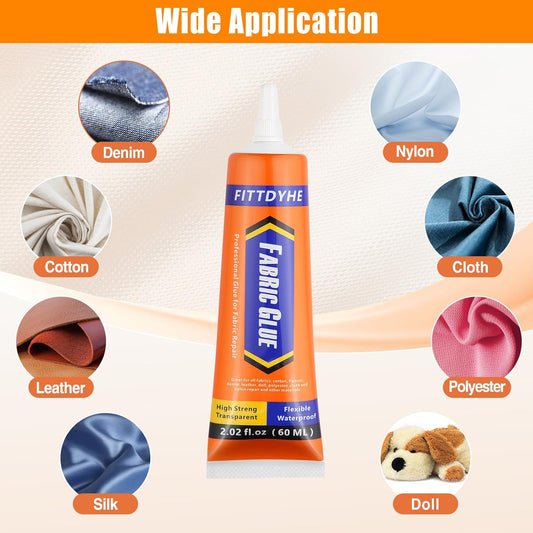 Fabric Glue Permanent, 60 ML Washable Clear Clothing Glue, Super Fabric Adhesive for Rhinestones, Patches, Clothes, Denim, Leather, Polyester, Fabrics, Doll Repair, Flannel, Cotton