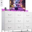 WLIVE White TV Stand for 45, 50, 55 inch TV, Entertainment Center with LED Lights & Charging Station, TV Media Console Table with 9 Fabric Drawers and Open Shelves for Living Room, Hallway, Wood Top