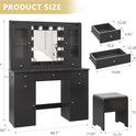 Makeup Vanity Desk with Mirror and Lights, Black Vanity Table Set with Storage Drawers, Charging Station, Cabinets & Chair, Large Dressing Table with RGB Ambient Light for Women Girls Bedroom Bathroom