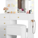 IRONCK Vanity Desk with Mirror and Lights, Small Makeup Vanity Table with 5 Drawers, Power Outlet, and Vanity Stool, 3 Lighting Colors, Dressing Table for Women Girls Bedroom, White