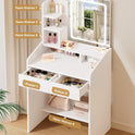 Small Makeup Vanity Desk with Lighted Mirror, White, 23.62" W x 15.74" D x 53.93" H (Smart LED Mirror, Open Shelves, 2 Drawers)