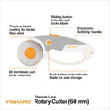 Fiskars 60mm Rotary Cutter for Fabric with Ergonomic Loop Grip And Comfort Handle, Titanium Rotary Fabric Cutter for Thick Materials, Easy and Safe Blade Change, Sewing Supplies and Quilting Tools