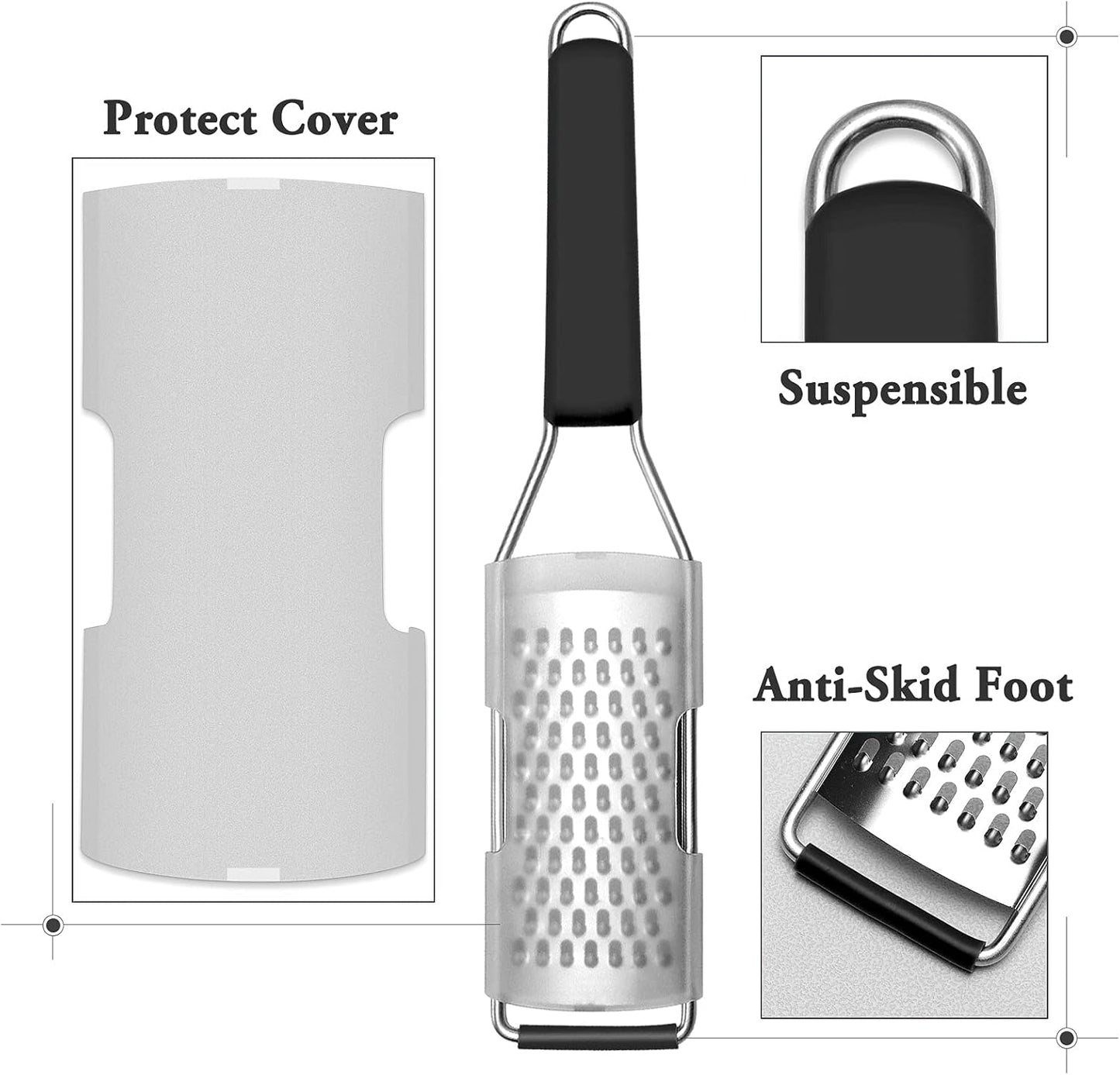 Cambom Lemon Zester Grater Three-piece Suit - Heavy Duty Kitchen Tool for Parmesan Cheese, Ginger, Garlic, Nutmeg, Chocolate, Vegetables，Fruits，Stainless Steel Grater Dishwasher Safe Black