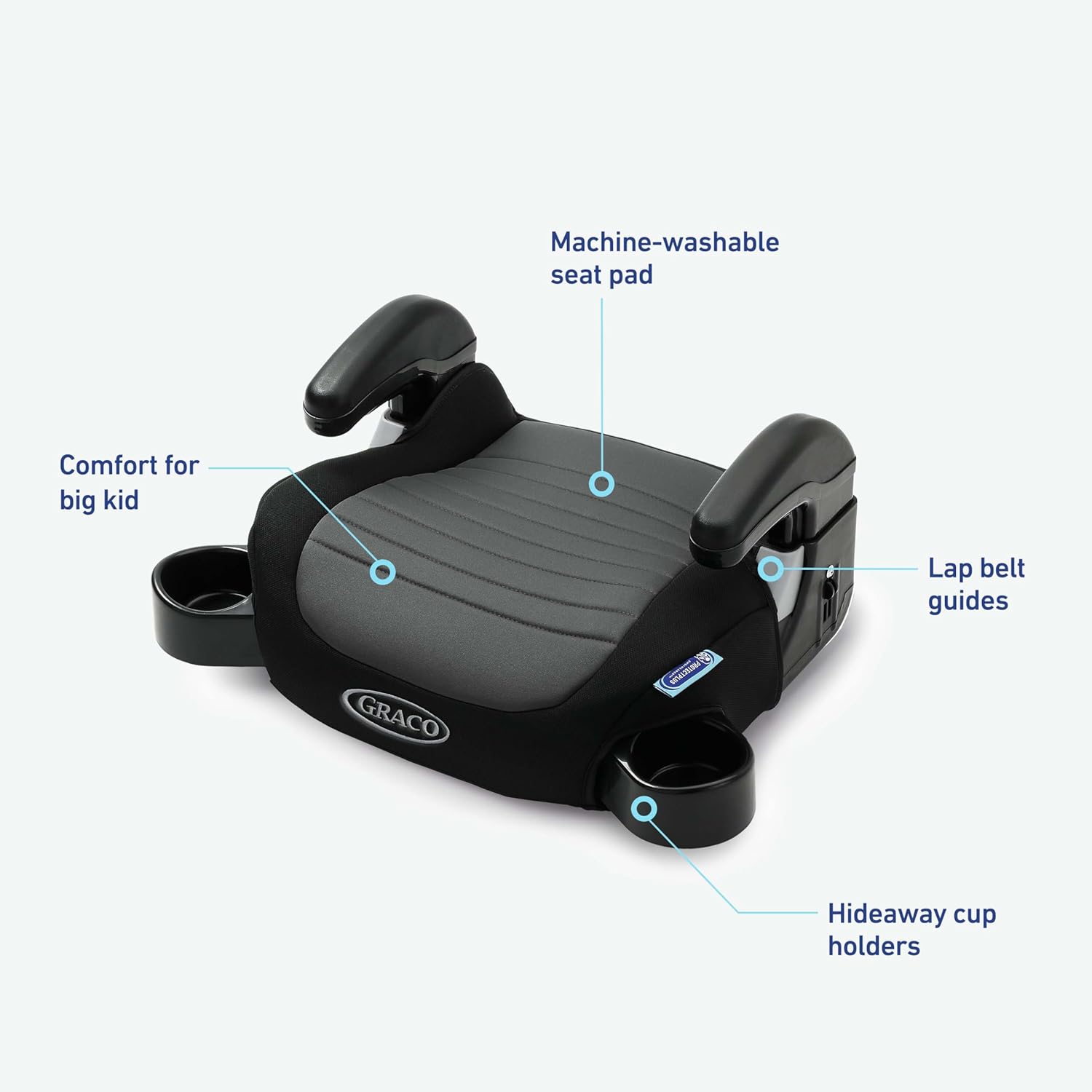 Graco car seat with features labeled on a white background