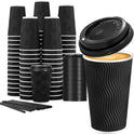 Lamosi 16 oz Disposable Coffee Cups with Lids, 50 Pack Insulated Hot Cups To Go Paper Coffee Cups with Lids and Straws, Corrugated Ripple Wall Cup for Hot Drink, Office, Coffee Bar (Black)