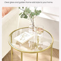 VASAGLE Round Side Table, Glass End Table with Metal Frame, Gold Coffee Table with Modern Style, for Living Room, Balcony, Bedroom, Gold Color