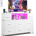 WLIVE White Dresser TV Stand for 45, 50, 55 inch TV, Entertainment Center with LED Lights & Charging Station, Chest of Drawers with 8 Fabric Drawers and Open Shelves for Living Room, Hallway, Wood Top