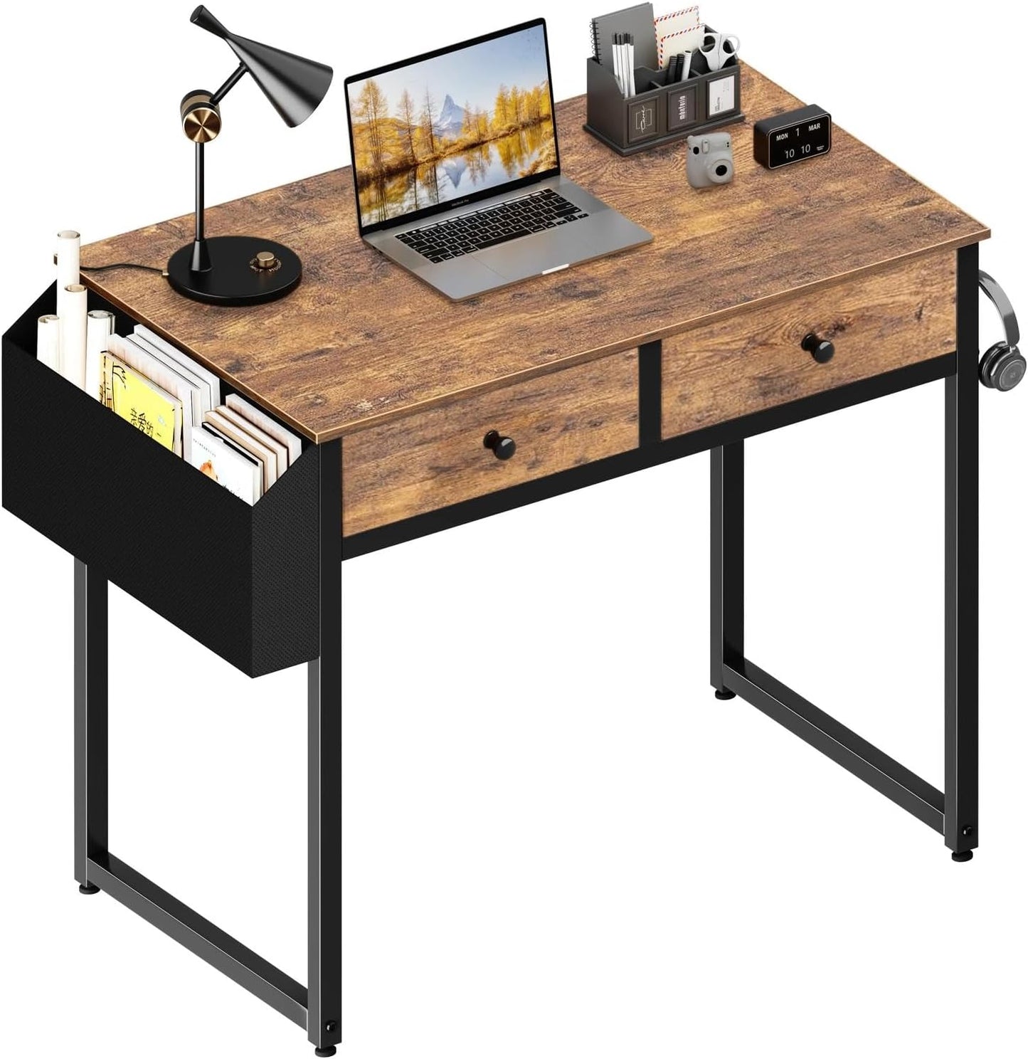 Lufeiya Small Computer Desk with 2 Drawers for Bedroom, 31 Inch Home Office Desk with Storage Fabric Drawer and Bag, Study Writing Table for Small Spaces, Rustic Brown