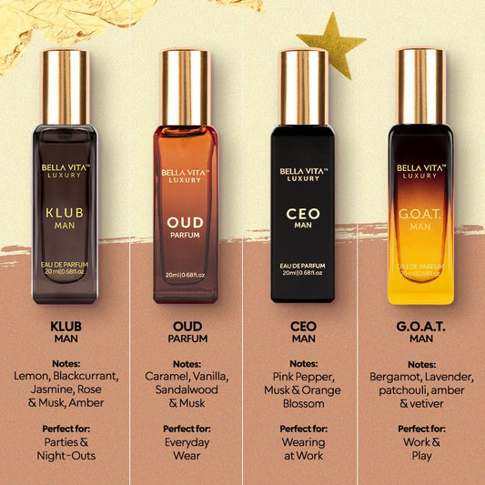 BellaVita Luxury Perfume Gift Set for Men (4 x 20ml) – Perfect Father’s Day Gifts for Dad & Husband | Includes KLUB, OUD, CEO & GOAT | Premium Masculine Woody, Citrusy & Aromatic Fragrances