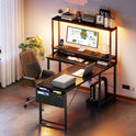 ODK 53 Inch L Shaped Desk with LED Lighting, Reversible Gaming Desk with Power Outlets, Cornor Computer Table with Storage Shelves & Bag & Iron Hook, Home Office Table for Writing, Study, Black