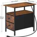 HOOBRO End Table with Charging Station, Narrow Side Table, Nightstand with 2 Non-Woven Drawers, Slim Sofa Side Table, for Small Spaces, Living Room, Bedroom, Rustic Brown and Black BF486UBZ01