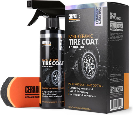 CERAKOTE Rapid Ceramic Tire Coat – Showroom New Tire Shine – Deep Tire Black Finish – Lasts Up to 10x Longer – No Sling, Non-Greasy Ceramic Tire Coating for Car, Truck & SUV – Easy Application (10oz)