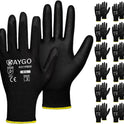 KAYGO Safety Work Gloves PU Coated,12 Pairs KG11PB Seamless Knit Glove for Men and Women, with Smooth Grip on Palm and Fingers, Ideal for General Duty Work (Large, Black)