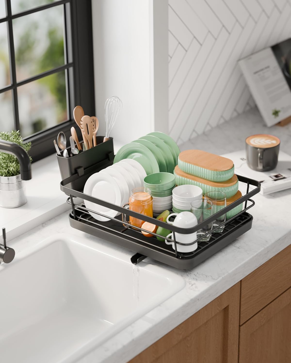 Kitsure Dish Drying Rack for Kitchen Counter, Stainless Steel Sink Organization and Storage Essentials with Cutlery Holder, Home and Appartment Decor, 12''W x 15.5''L, Black