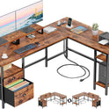 Furologee 66” L Shaped Desk with Power Outlet, Reversible Computer Gaming Desk with File Drawer & 2 Monitor Stands for Home Office with Storage Shelves, Rustic Brown