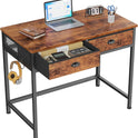 Furologee Small Computer Desk with 2 Fabric Drawers for Bedroom,34 Inch Home Office Writing Desk, Vanity Desk with Hooks, Simple Study Desk for Small Spaces, Makeup Dressing Table, Rustic Brown