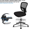 Armless Drafting Chair Tall Office Chair Adjustable Height High Back Ergonomic Desk Chair Drafting Stool Rolling Bar Stools Chairs with Footrest and Wheels
