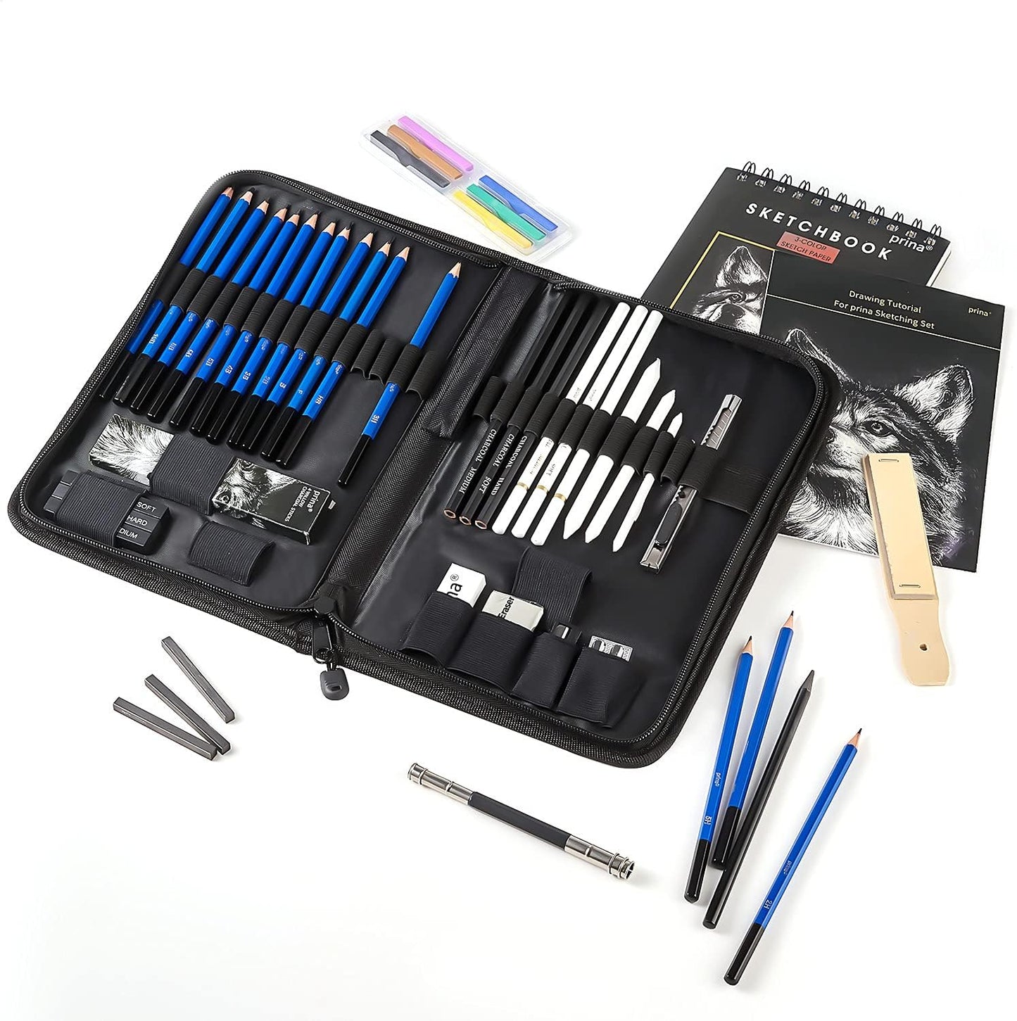 Prina 50 Pack Drawing Set Sketch Kit, Sketching Supplies with 3-Color Sketchbook, Graphite, and Charcoal Pencils, Pro Art Drawing Kit for Artists Adults Teens Beginner Kid, Ideal for Shading, Blending