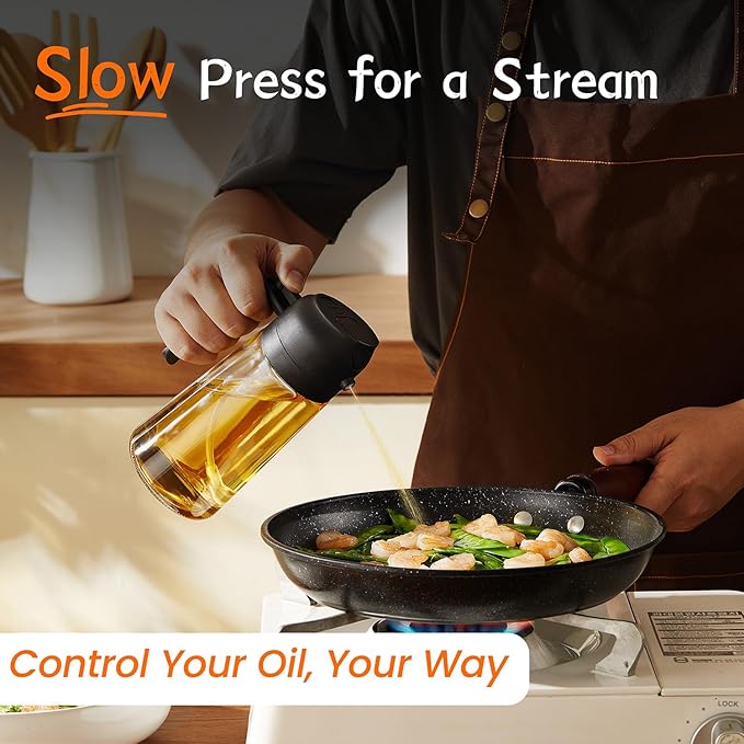 TrendPlain 16oz/470ml Glass Olive Oil Sprayer for Cooking – 2 in 1 Olive Oil Dispenser Bottle for Kitchen Gadgets and Air Fryer Accessories, Salad, BBQ - Black